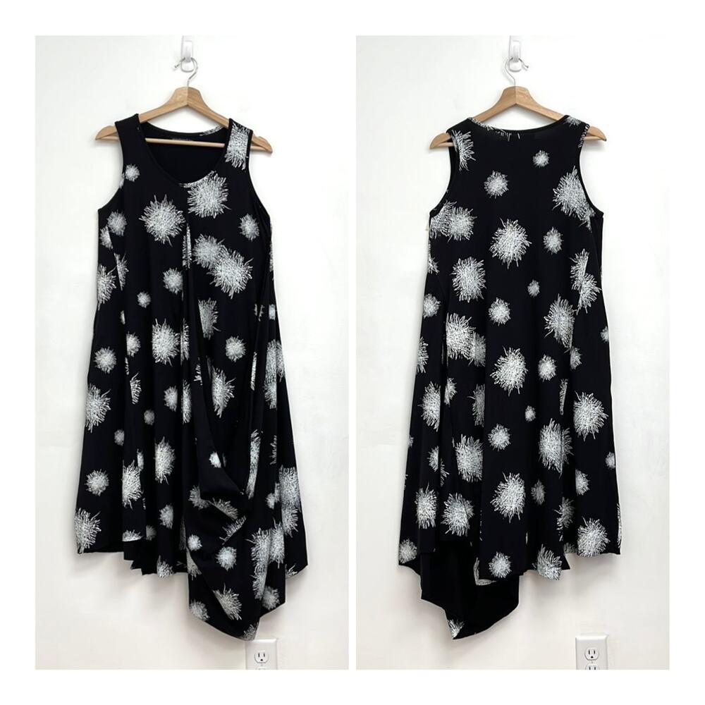 Snapdragon & Twig Angelina Dress Asymmetrical Draping Black Mini Scribble - XS